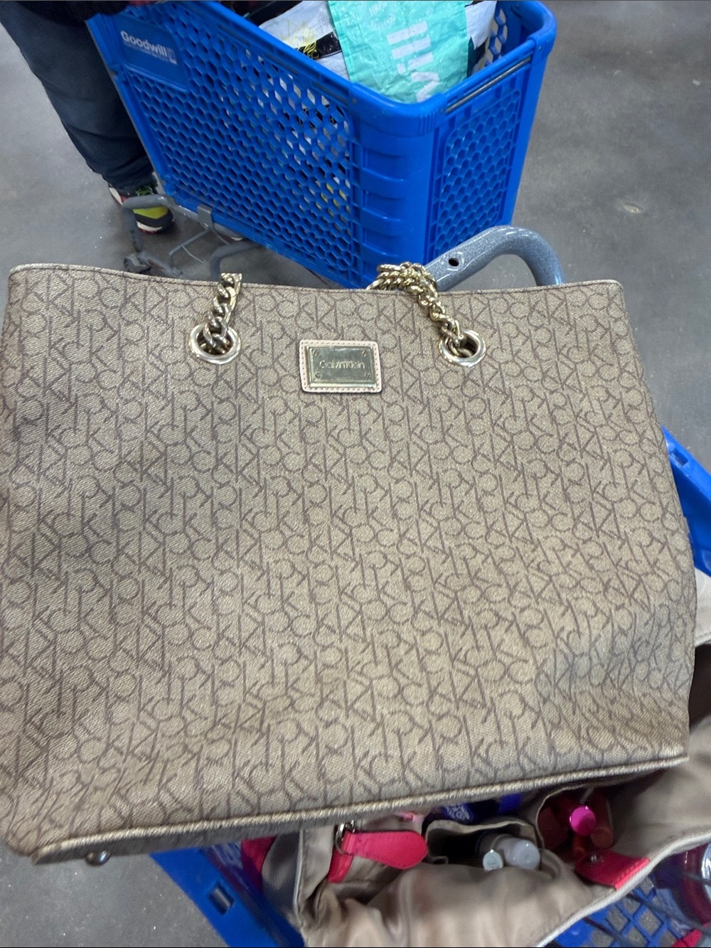 Calvin Klein Taupe Monogram Chain-Handle Tote